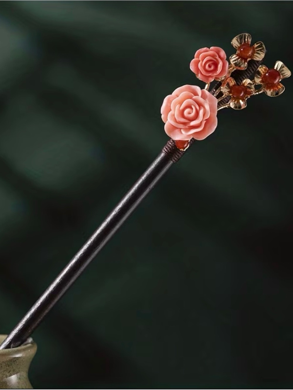 Coral Pink Rose Hair Stick with Floral Accent - Women’s Hair Accessory